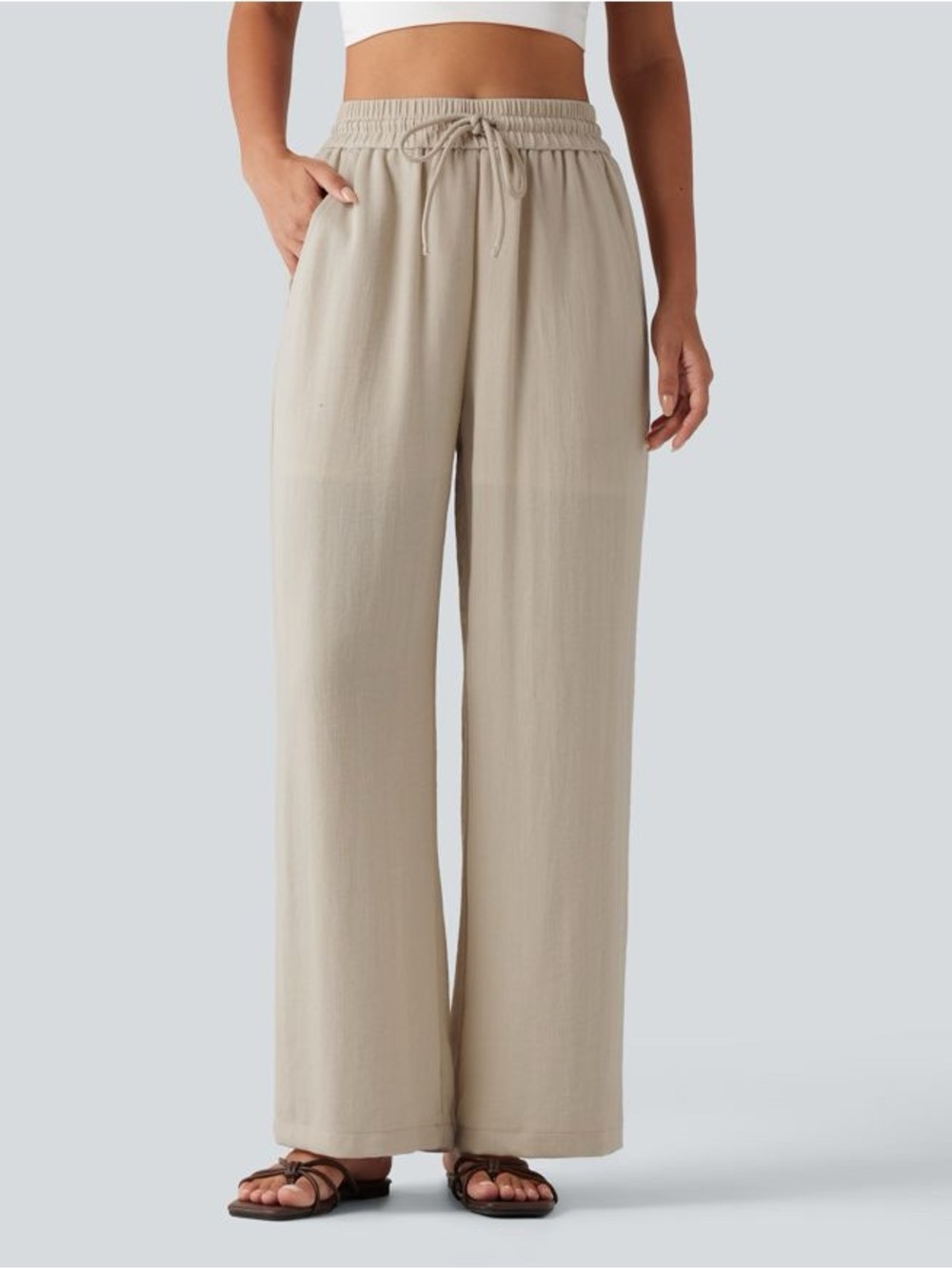 HALARA Wide Leg Drawstring Pants in Beige Large Tall